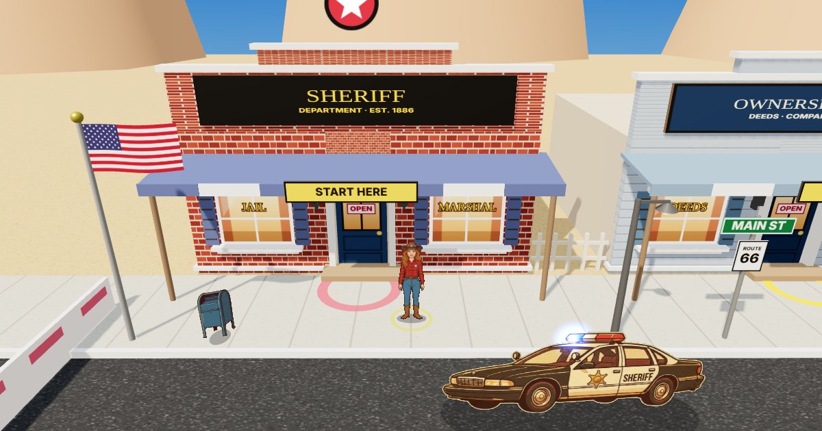Deputy Patrol: the deputy in front of the Sheriff's Office on Main Street, with the patrol car and the US flag